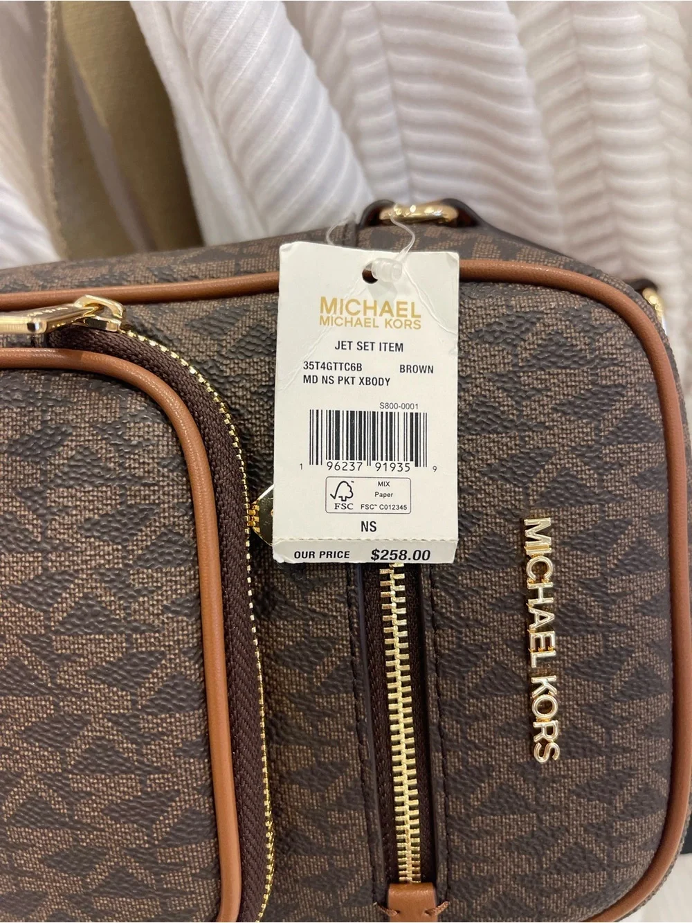 MICHAEL KORS Jet Set Medium Flight NS Pocket Signature Logo Crossbody Brown  NWT